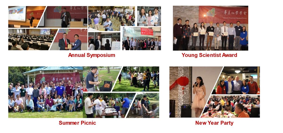 Collage of 2023 E-CACS event categories: Annual Symposium, Young Scientist Award, Summer Picnic, and New Year Party