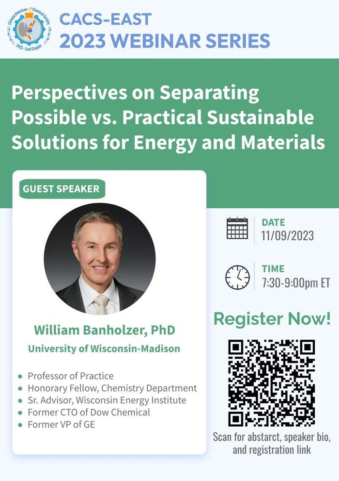 CACS-EAST 2023 Webinar Series flyer for Prof. William Banholzer's talk on sustainable energy and materials, scheduled for November 9, 2023