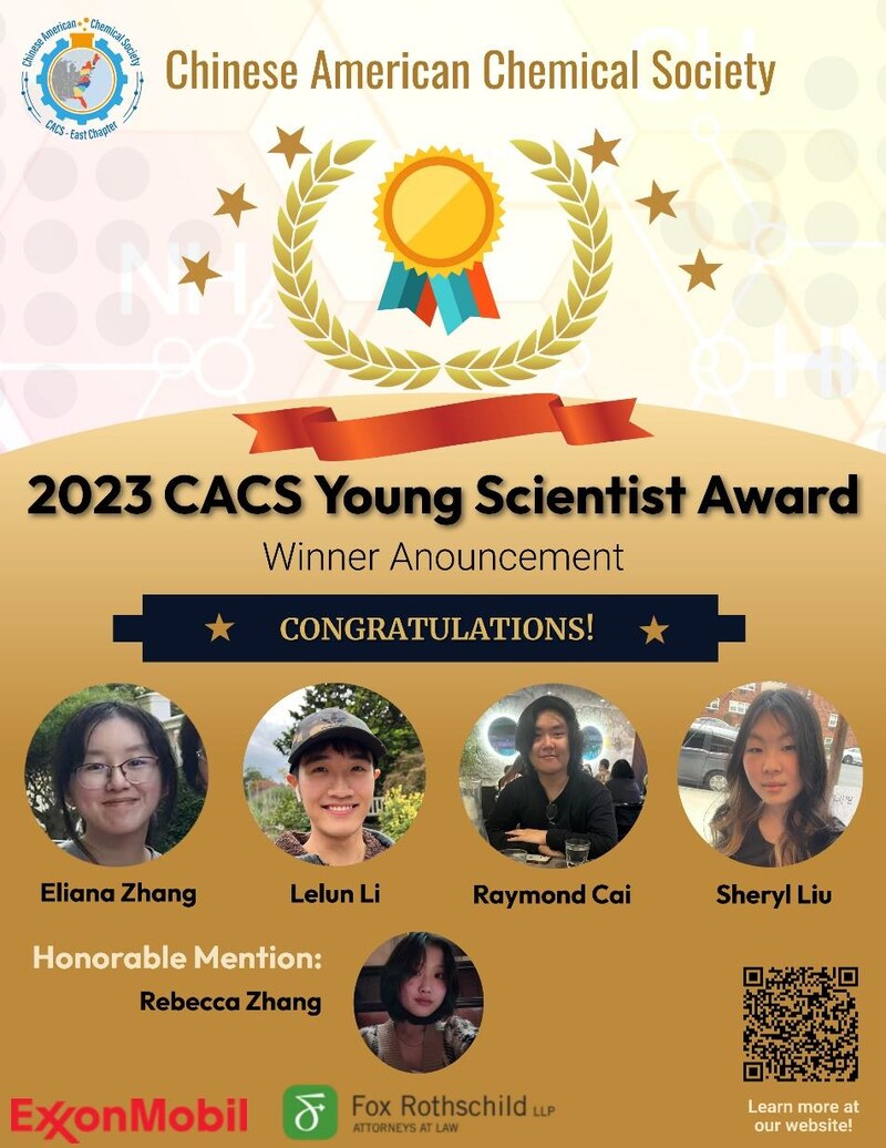 2023 CACS Young Scientist Award winners poster featuring Eliana Zhang, Lelun Li, Raymond Cai, Sheryl Liu, and honorable mention Rebecca Zhang