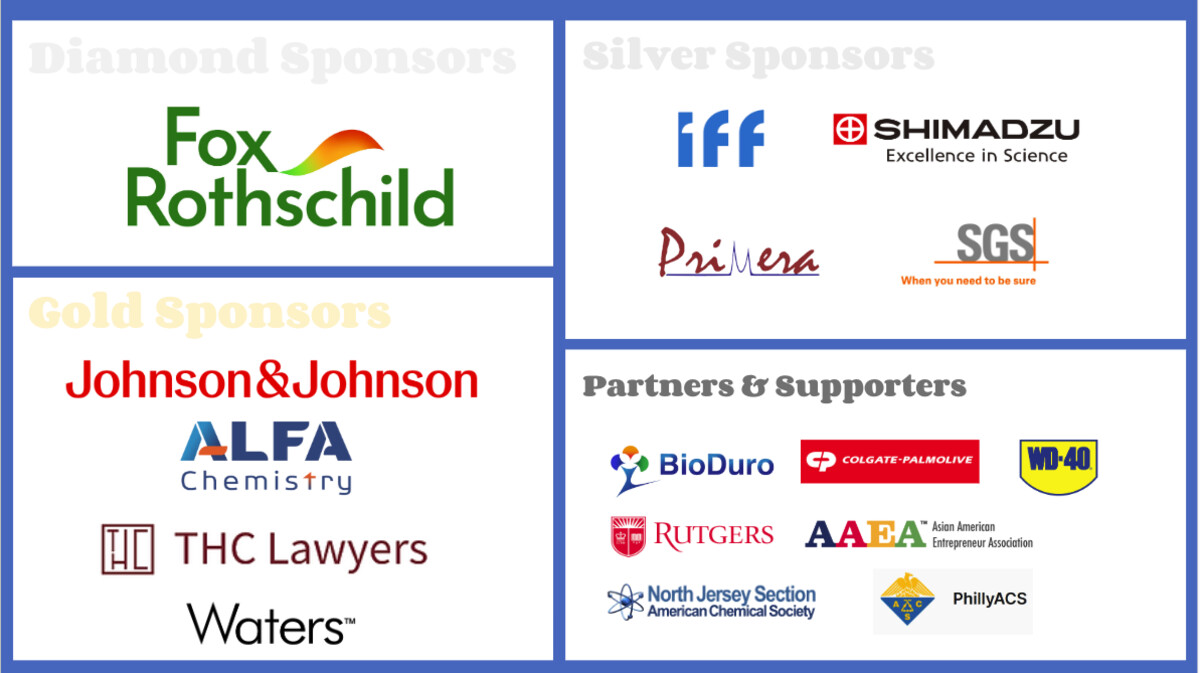 E-CACS 2025 sponsor grid: Diamond — Fox Rothschild; Gold — Johnson & Johnson, Alfa Chemistry, THC Lawyers, Waters; Silver — IFF, Shimadzu, Primera, SGS; Partners & Supporters — BioDuro, Colgate-Palmolive, WD-40, Rutgers, AAEA, North Jersey Section ACS, PhillyACS